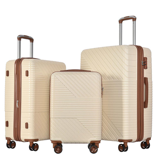 3-Piece Lightweight Hard-shell Luggage Set with Double Spinner Wheels and TSA Lock - Cream and Brown_0