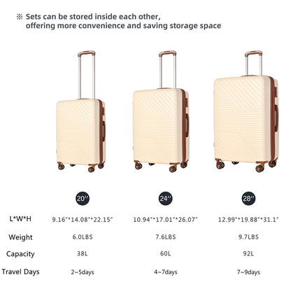 3-Piece Lightweight Hard-shell Luggage Set with Double Spinner Wheels and TSA Lock - Cream and Brown_8