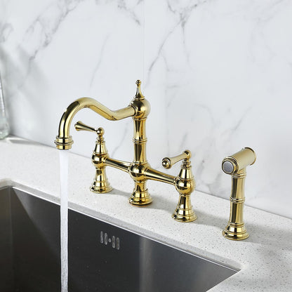Bridge Dual Handles Kitchen Faucet With Pull-Out Side Spray - Gold_7