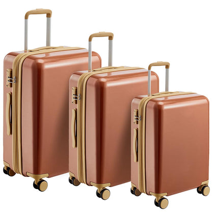 3 Piece Lightweight Hard-shell PC Luggage Sets double spinner 8 wheels Suitcase with TSA Lock - Brown_0