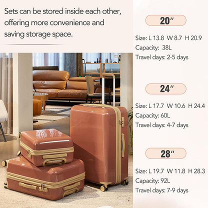 3 Piece Lightweight Hard-shell PC Luggage Sets double spinner 8 wheels Suitcase with TSA Lock - Brown_12