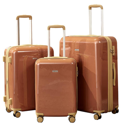 3 Piece Lightweight Hard-shell PC Luggage Sets double spinner 8 wheels Suitcase with TSA Lock - Brown_1