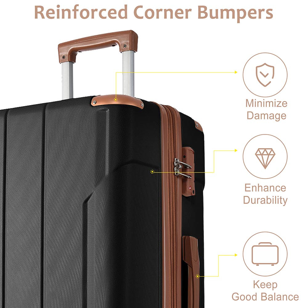 3-Piece Lightweight Hard-shell Spinner Luggage Set with TSA Lock - Black plus Brown_9