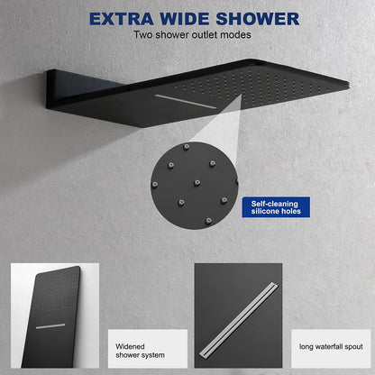 Wall Mounted Waterfall Rain Shower System With 3 Body Sprays & Handheld Shower - Black_2