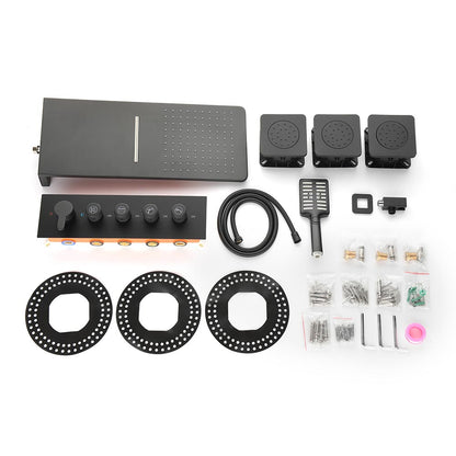 Wall Mounted Waterfall Rain Shower System With 3 Body Sprays & Handheld Shower - Black_1