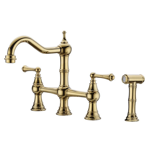 Bridge Dual Handles Kitchen Faucet With Pull-Out Side Spray - Gold_0