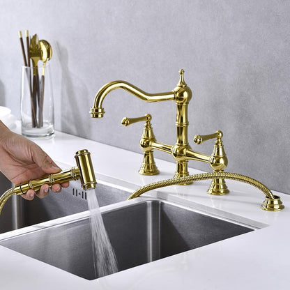 Bridge Dual Handles Kitchen Faucet With Pull-Out Side Spray - Gold_11