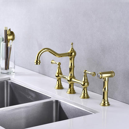 Bridge Dual Handles Kitchen Faucet With Pull-Out Side Spray - Gold_4