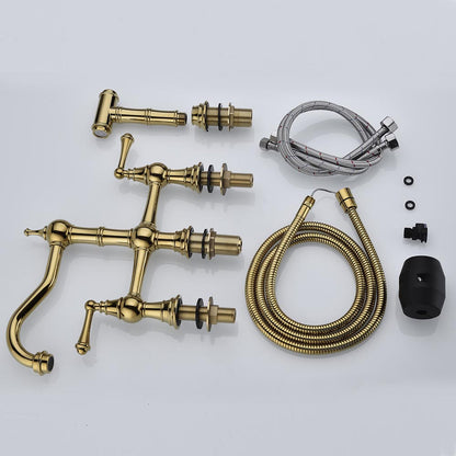 Bridge Dual Handles Kitchen Faucet With Pull-Out Side Spray - Gold_2