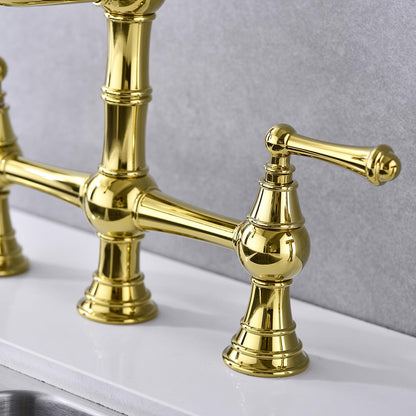 Bridge Dual Handles Kitchen Faucet With Pull-Out Side Spray - Gold_1
