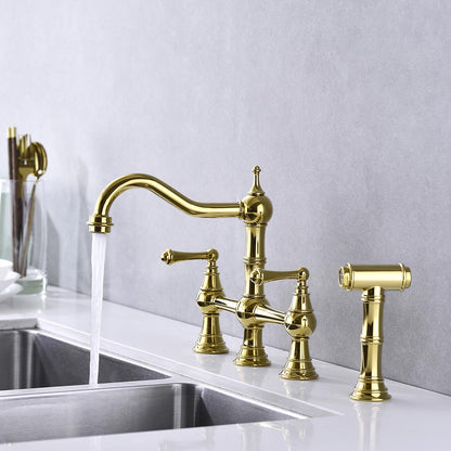 Bridge Dual Handles Kitchen Faucet With Pull-Out Side Spray - Gold_9