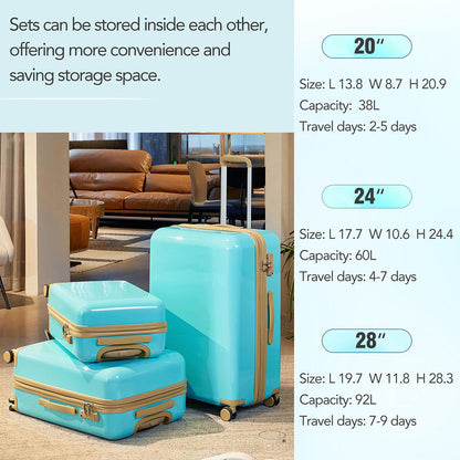 3 Piece Lightweight Hard-shell PC Luggage Sets double spinner 8 wheels Suitcase with TSA Lock - Teal Blue_13