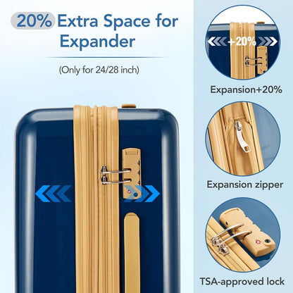 3 Piece Lightweight Hard-shell PC Luggage Sets double spinner 8 wheels Suitcase with TSA Lock - Blue_9