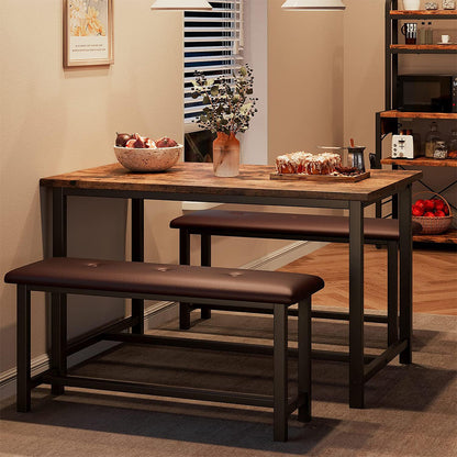 Industrial Style Dining Table Set with 2 Benches - Rustic Brown_2