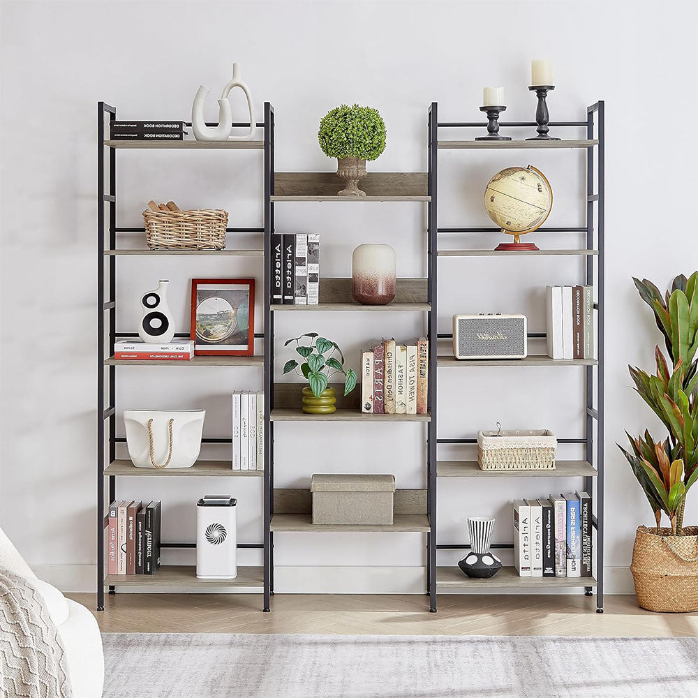 Triple Wide 5-Tier Industrial Bookshelf - Grey_5