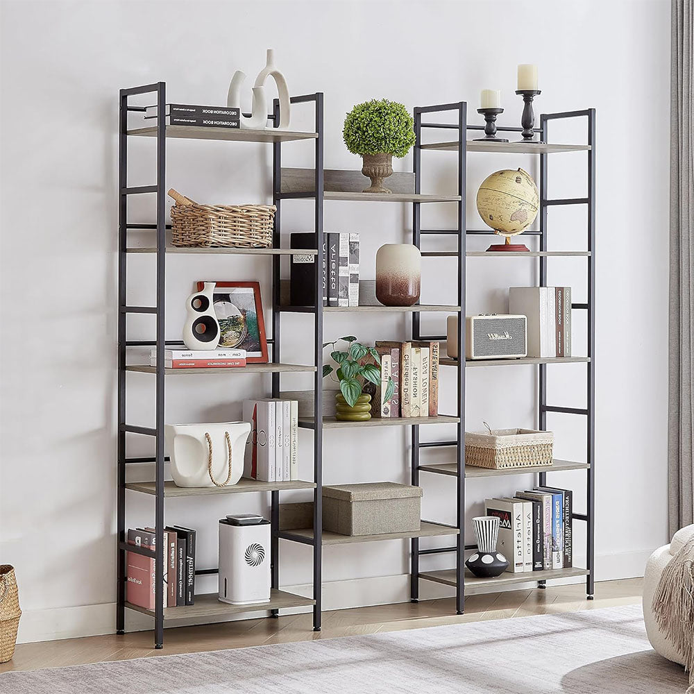 Triple Wide 5-Tier Industrial Bookshelf - Grey_2