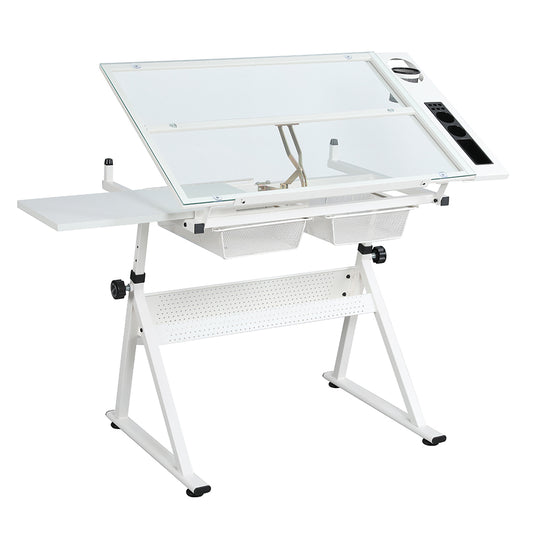 Tempered Glass Adjustable Drafting Table - White_0