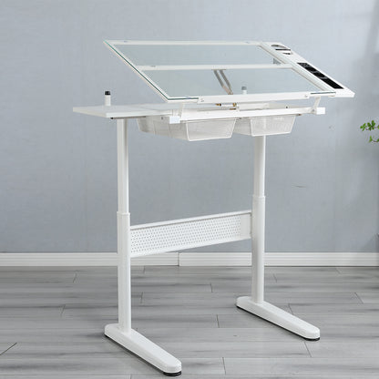 Adjustable Drafting Table with Stool & 2 Metal Drawers - White_2
