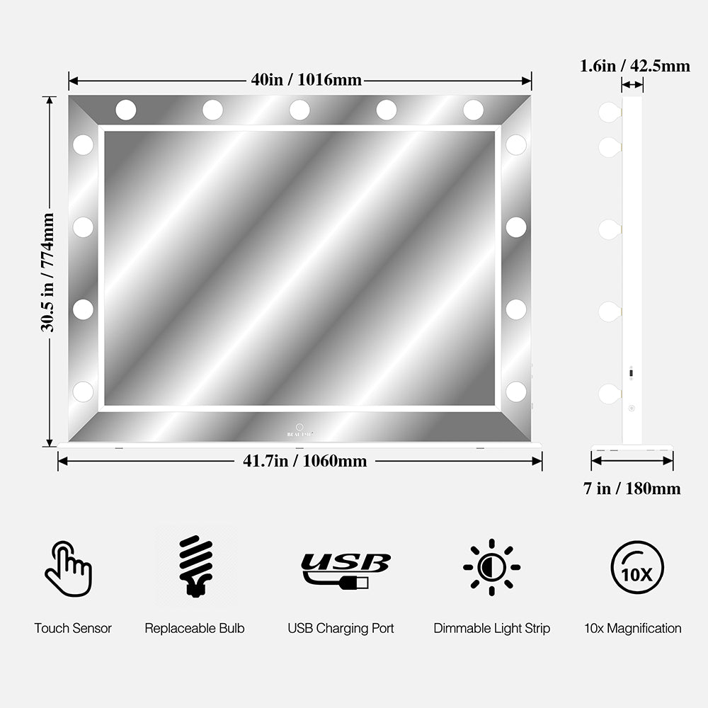 40x30.5 Inch Hollywood Vanity Mirror, USB Bulbs, Smart Touch Lighting - Large_10