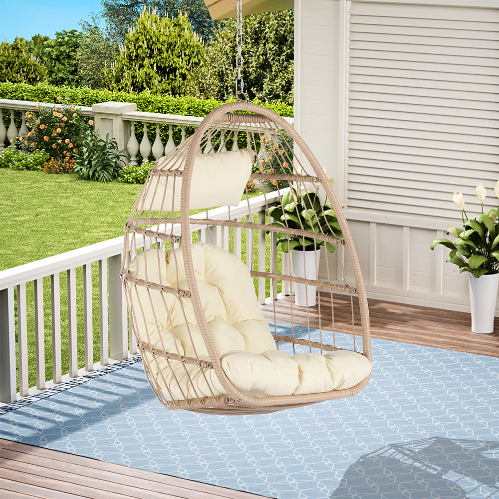 Rattan Egg Swing Hanging Chair - Wood, Khaki Cushion_2