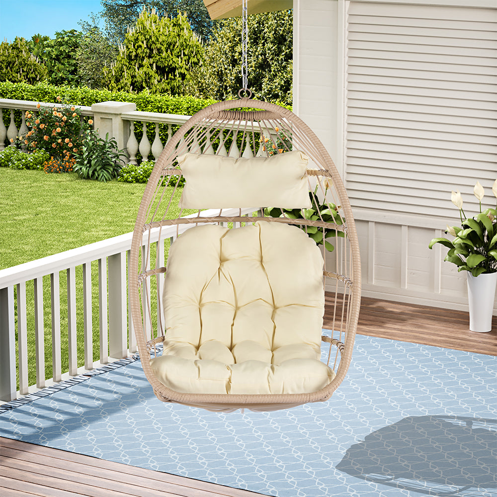 Rattan Egg Swing Hanging Chair - Wood, Khaki Cushion_1