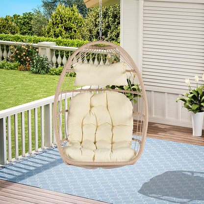 Rattan Egg Swing Hanging Chair - Wood, Khaki Cushion_1