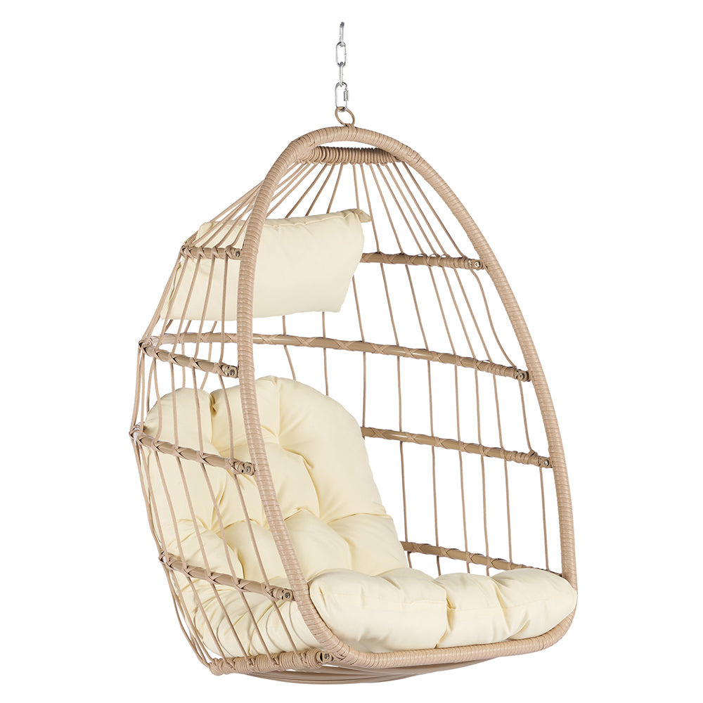 Rattan Egg Swing Hanging Chair - Wood, Khaki Cushion_0