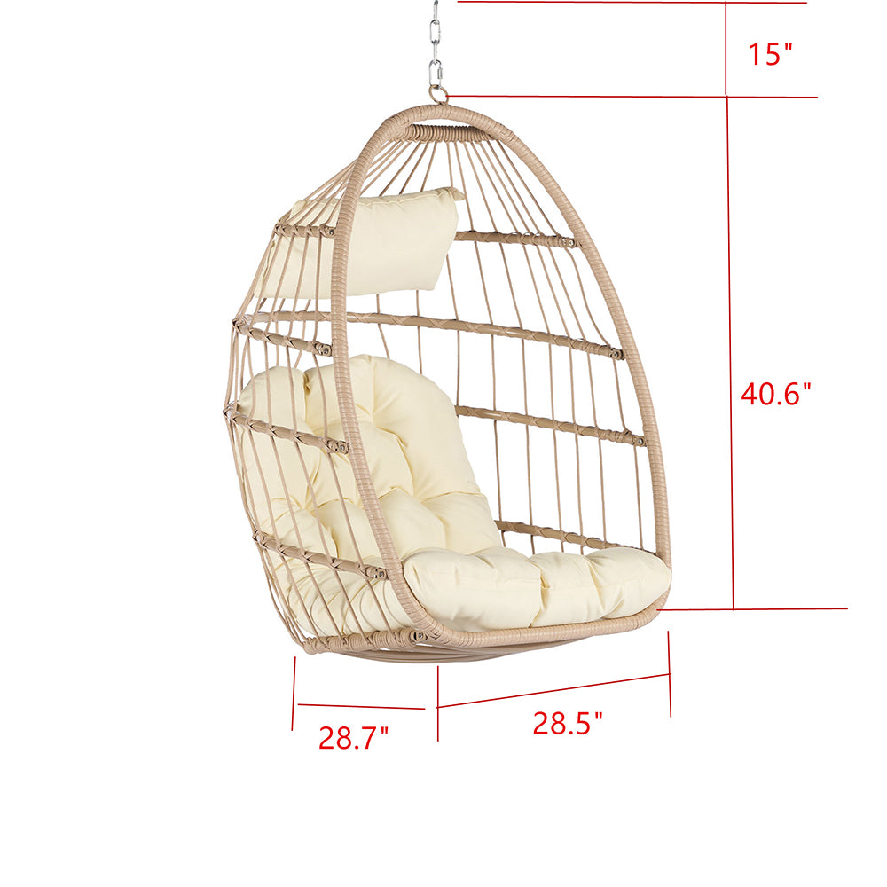 Rattan Egg Swing Hanging Chair - Wood, Khaki Cushion_10