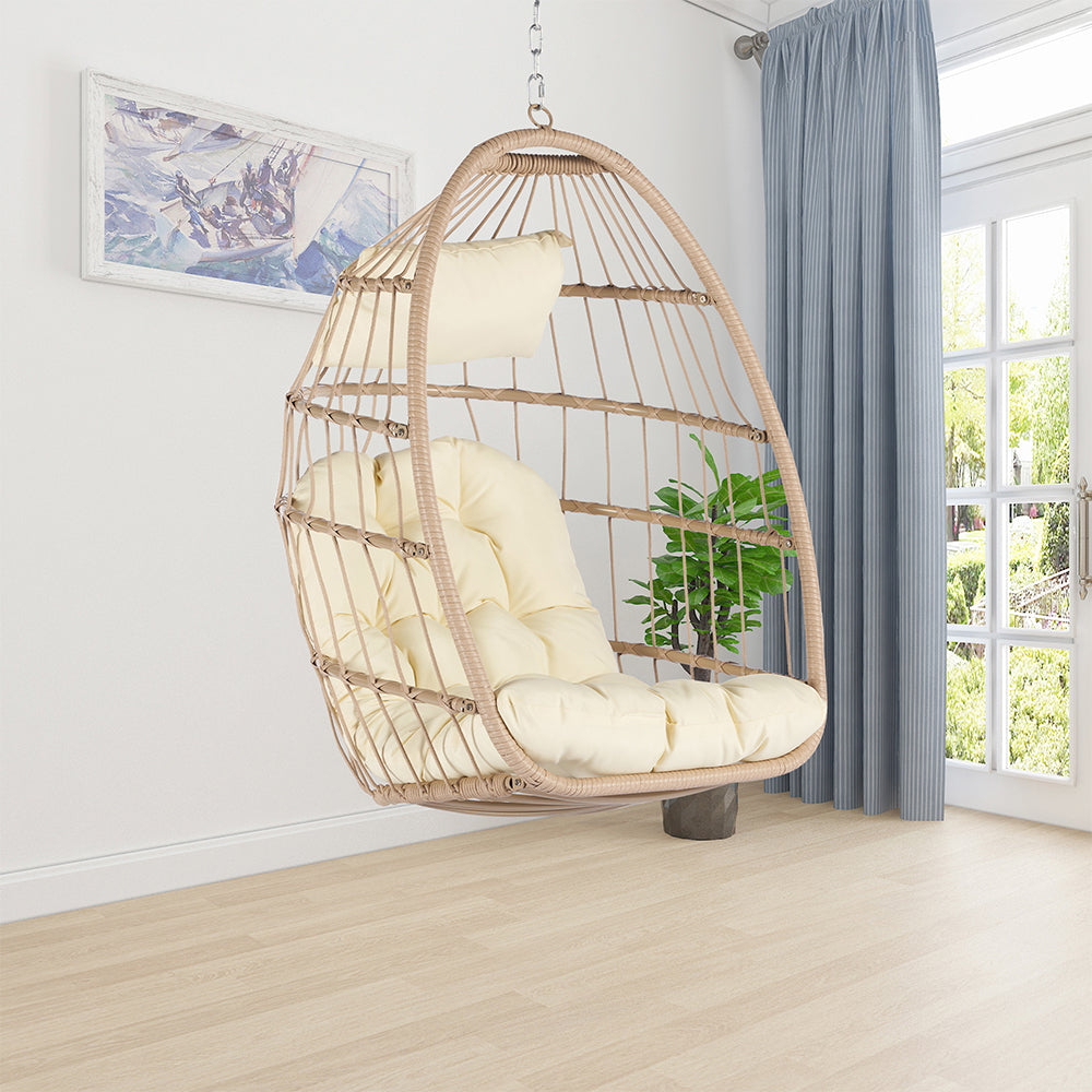 Rattan Egg Swing Hanging Chair - Wood, Khaki Cushion_3