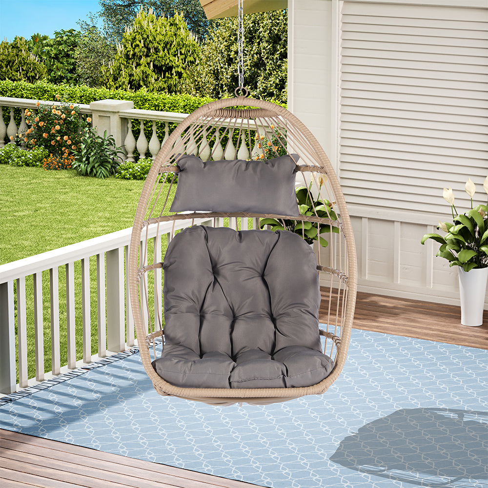 Rattan Egg Swing Hanging Chair - Wood, Light Grey Cushion_2