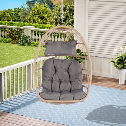 Rattan Egg Swing Hanging Chair - Wood, Light Grey Cushion_2