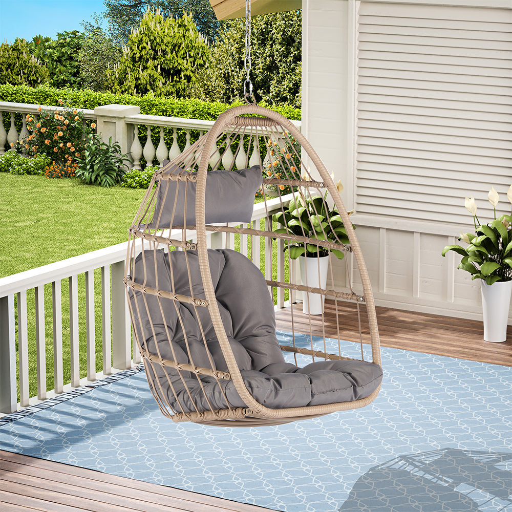 Rattan Egg Swing Hanging Chair - Wood, Light Grey Cushion_1