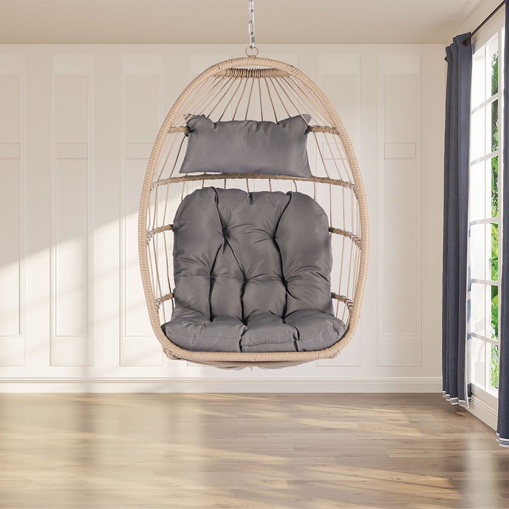 Rattan Egg Swing Hanging Chair - Wood, Light Grey Cushion_8