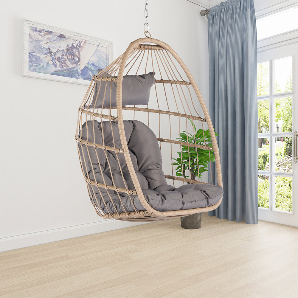 Rattan Egg Swing Hanging Chair - Wood, Light Grey Cushion_3