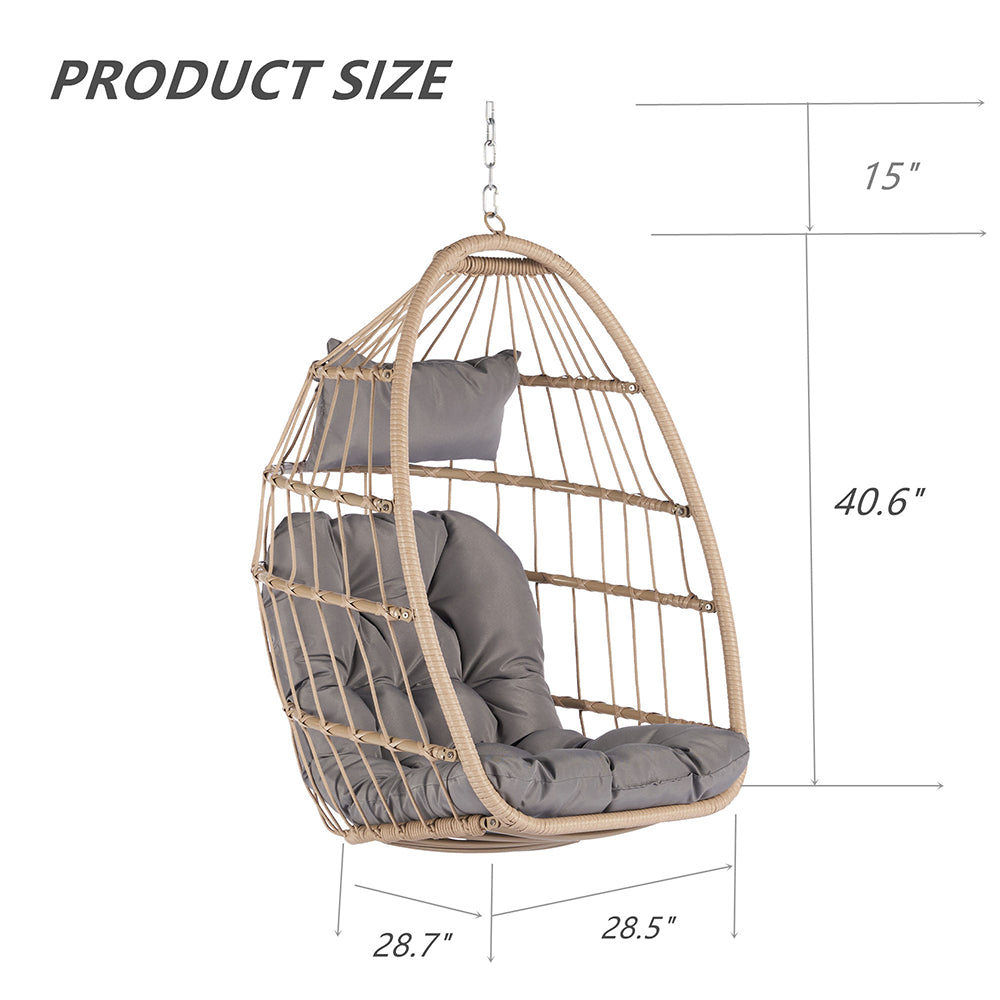 Rattan Egg Swing Hanging Chair - Wood, Light Grey Cushion_9