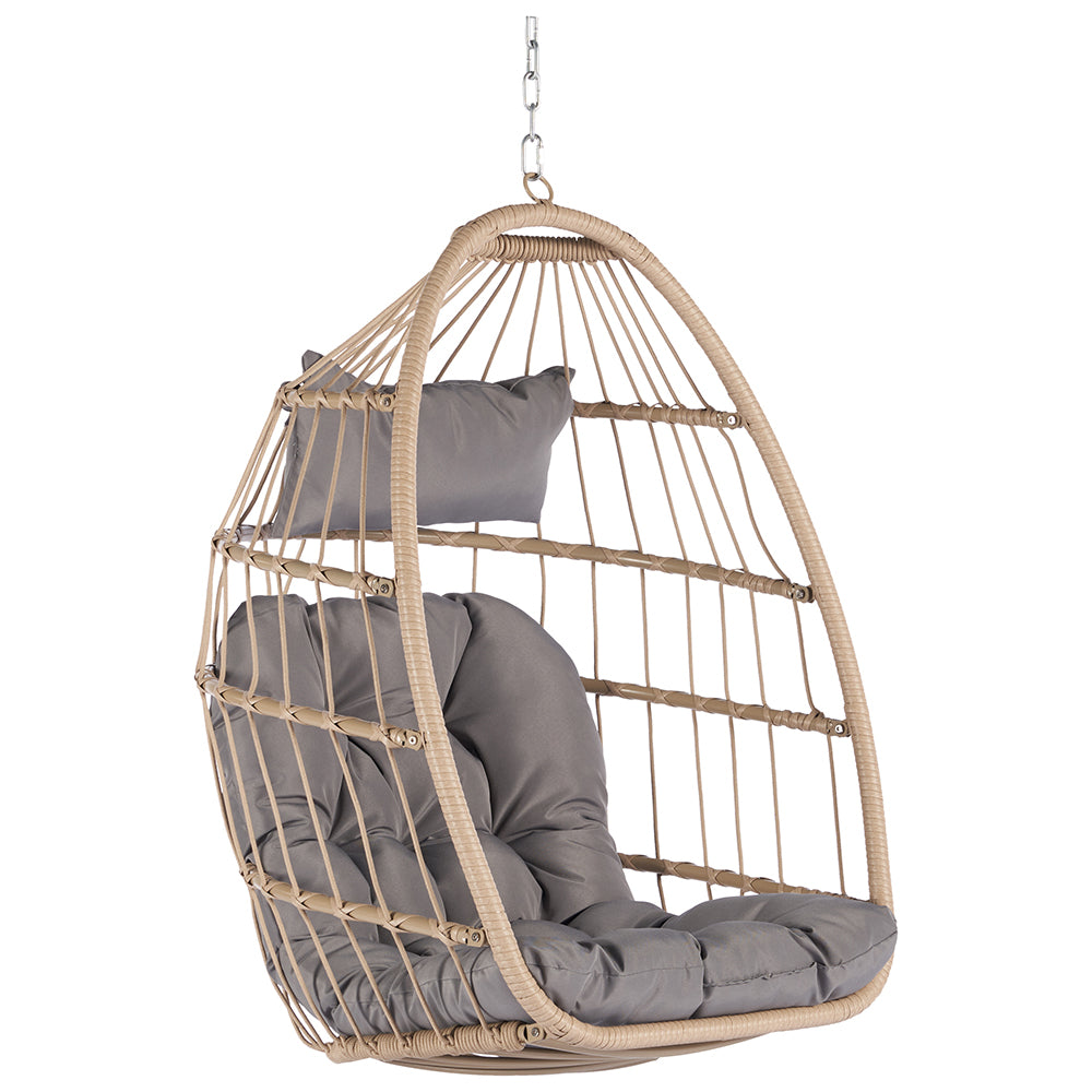 Rattan Egg Swing Hanging Chair - Wood, Light Grey Cushion_0
