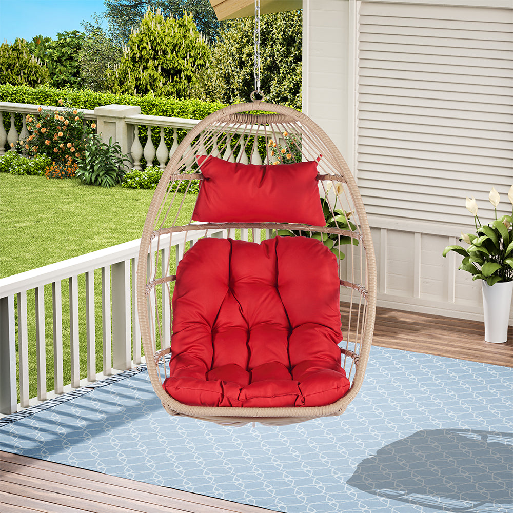 Rattan Egg Swing Hanging Chair - Wood, Red Cushion_2