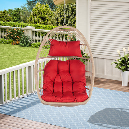 Rattan Egg Swing Hanging Chair - Wood, Red Cushion_2