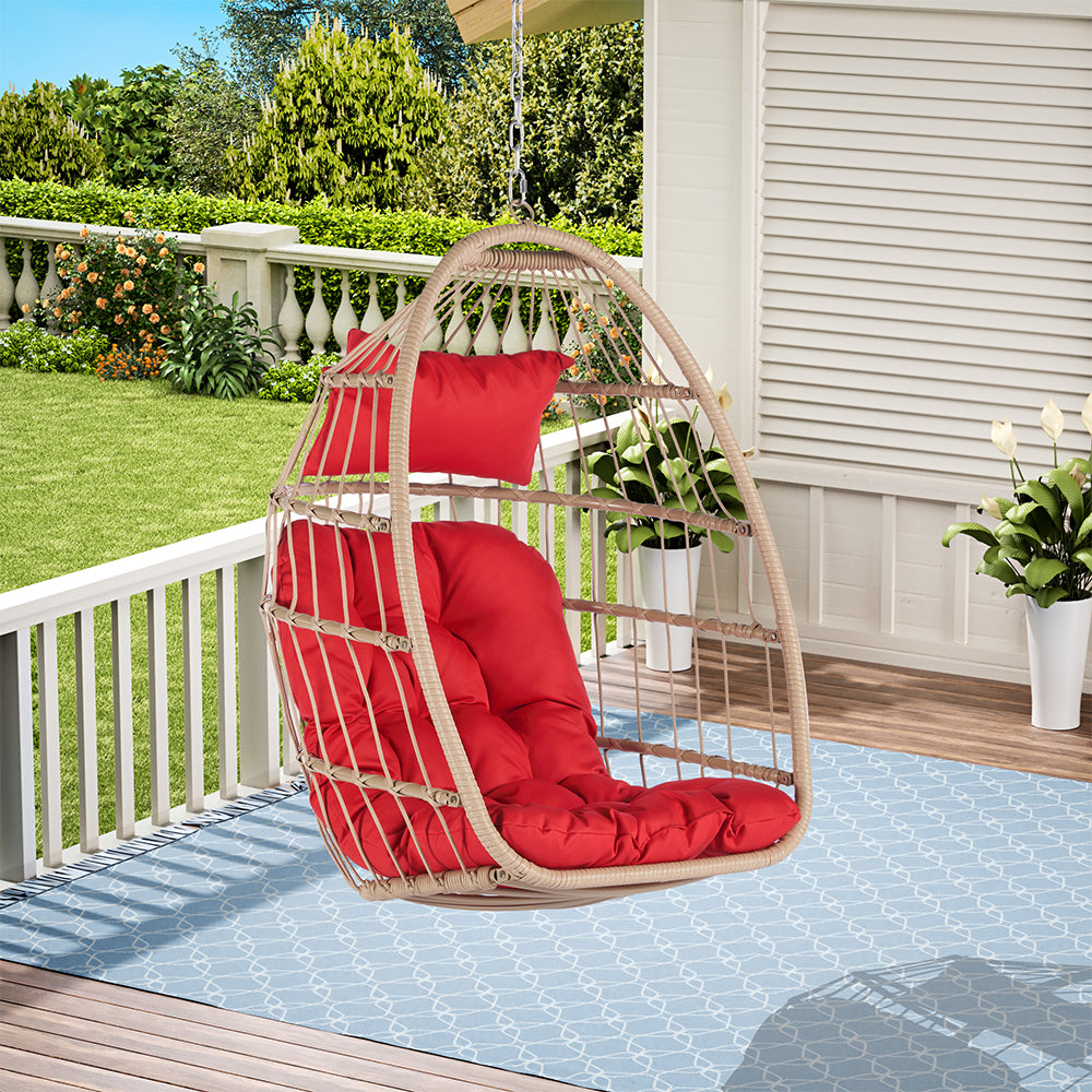 Rattan Egg Swing Hanging Chair - Wood, Red Cushion_3