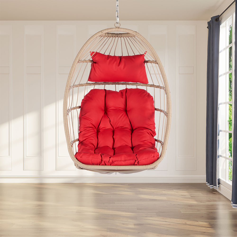 Rattan Egg Swing Hanging Chair - Wood, Red Cushion_1