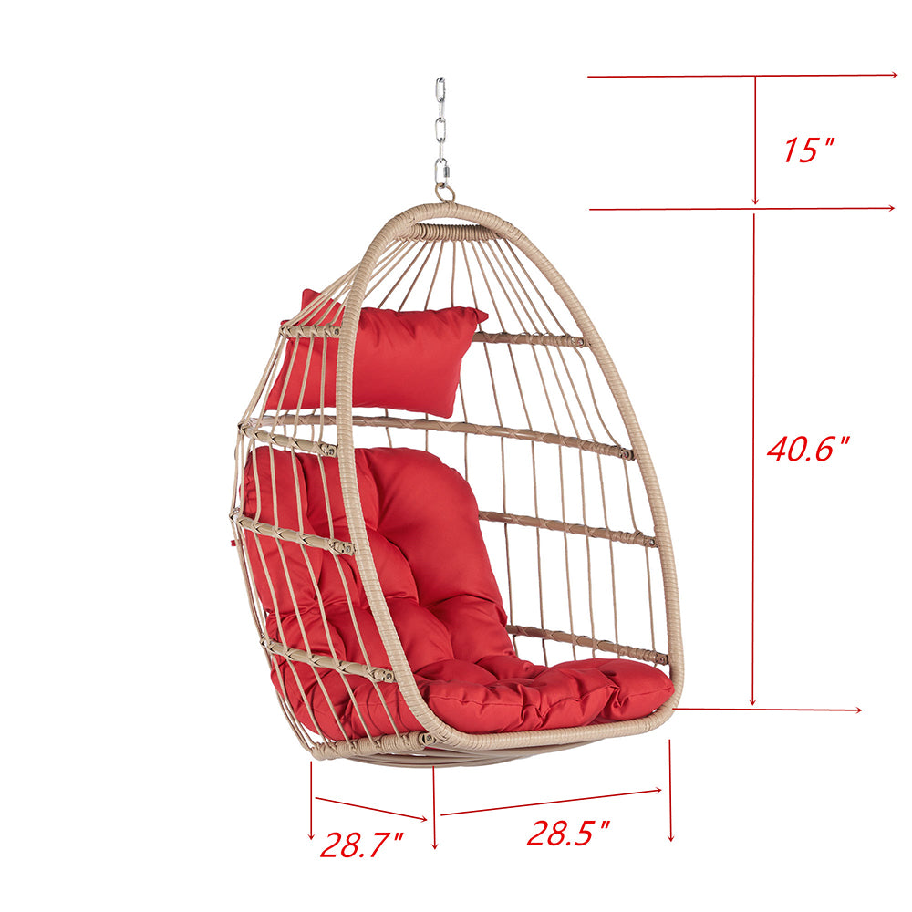 Rattan Egg Swing Hanging Chair - Wood, Red Cushion_9