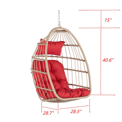 Rattan Egg Swing Hanging Chair - Wood, Red Cushion_9