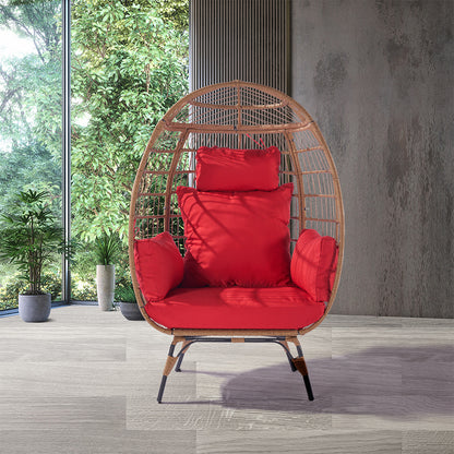 Wicker Egg Chair for Indoor/Outdoor - Steel Frame, Red Cushion_3
