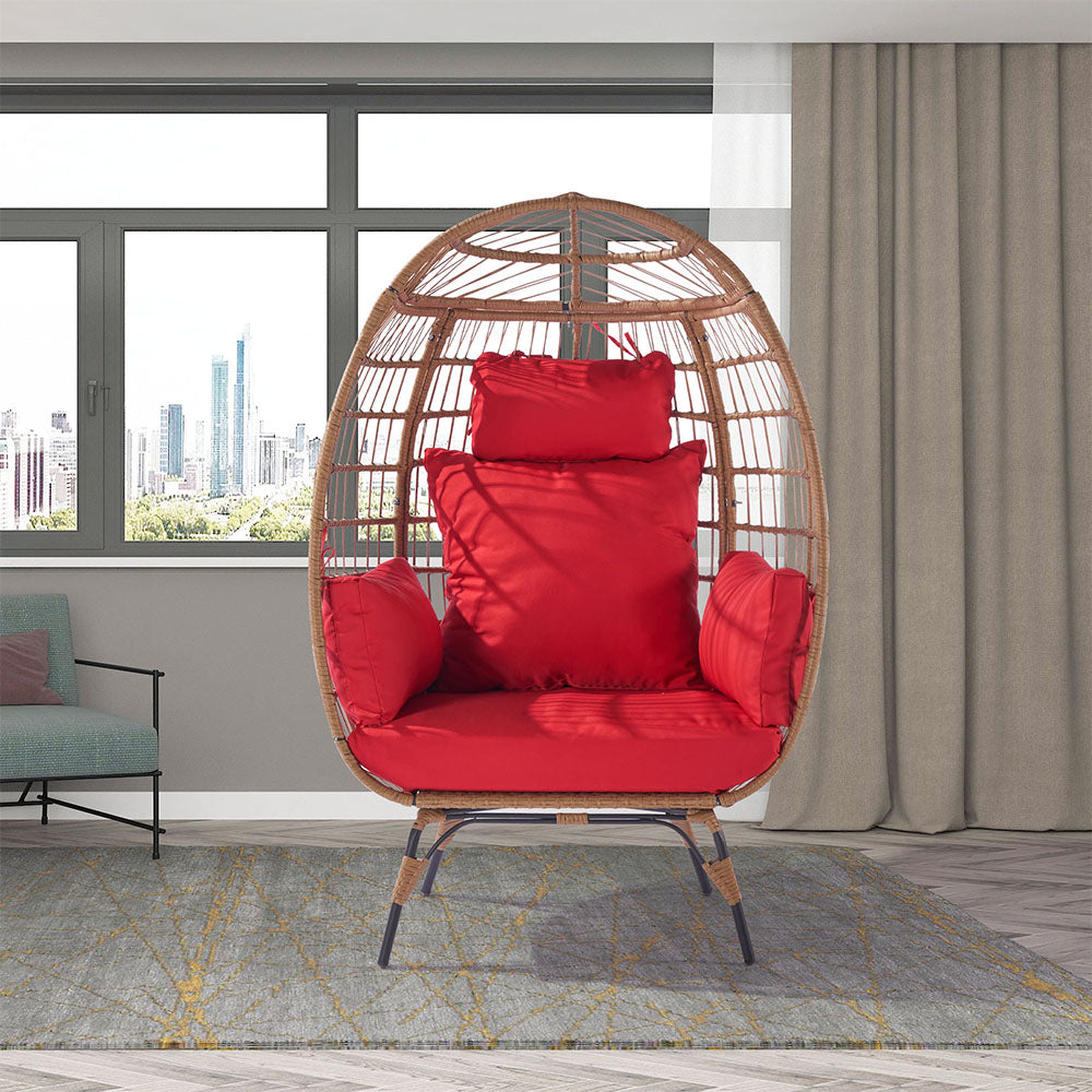 Wicker Egg Chair for Indoor/Outdoor - Steel Frame, Red Cushion_2