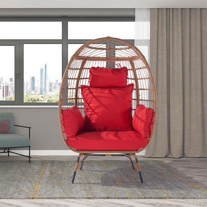Wicker Egg Chair for Indoor/Outdoor - Steel Frame, Red Cushion_2