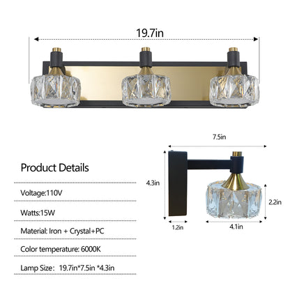 Modern 3-Light LED Crystal Vanity Lighting - Bathroom Wall Fixture Over Mirror_7