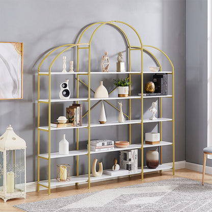 5-Tier Bookcase with Round Top and Gold X-Bar Frame_3