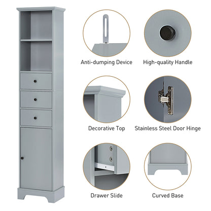 Tall Bathroom Cabinet with 3 Drawers & Adjustable Shelf - Grey_4