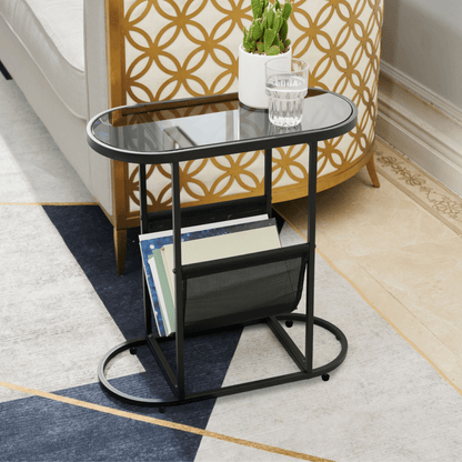 Set of 2 Glass Oval Side Tables Living Room Magazine Organizer_1