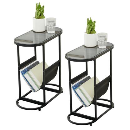 Set of 2 Glass Oval Side Tables Living Room Magazine Organizer_3